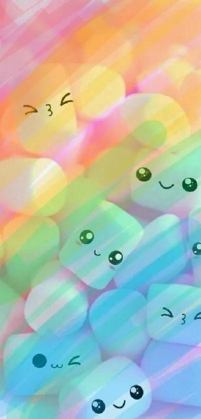 Cute kawaii characters on a rainbow backdrop with smiling faces.