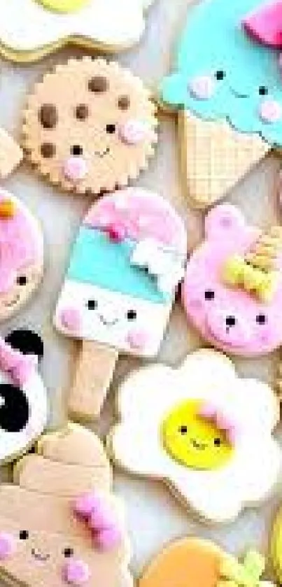 Kawaii dessert wallpaper with cute pastel designs like pandas and ice creams.