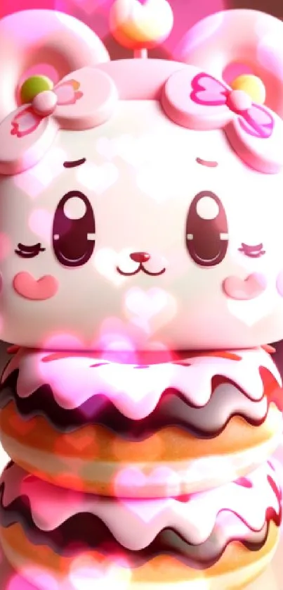 Kawaii character with pink ears and donuts on a phone wallpaper.