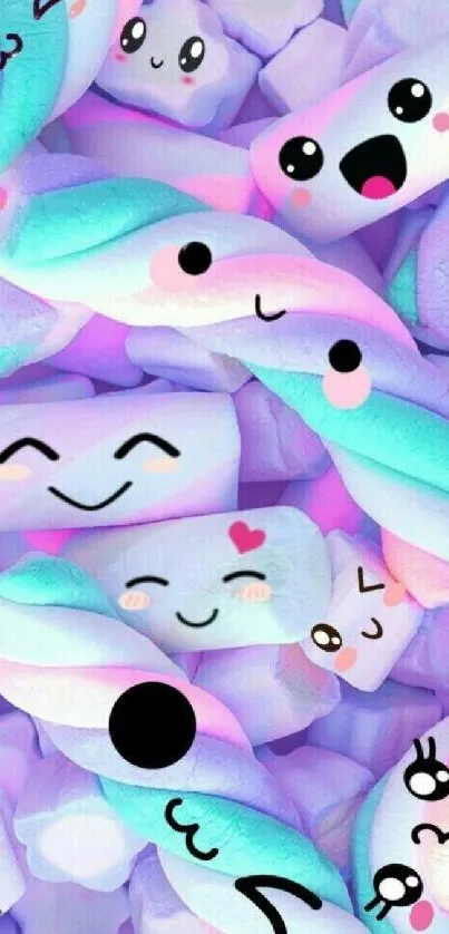 Cute pastel marshmallows with kawaii expressions.