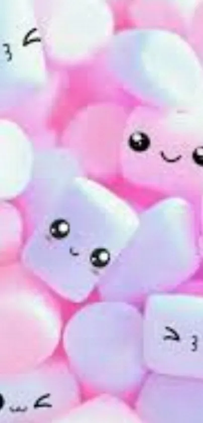 Cute kawaii marshmallow faces in pastel colors on a phone wallpaper.