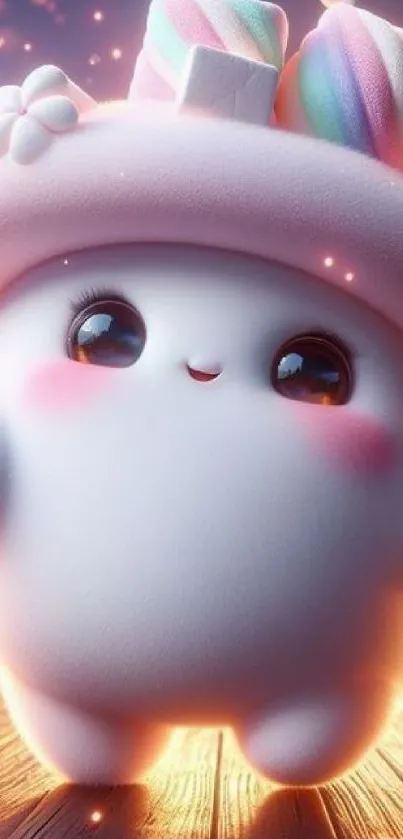 Cute 3D fantasy character with pastel colors and lollipop hat.