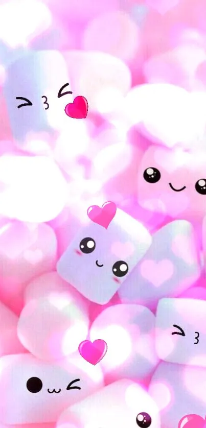 Cute kawaii pink marshmallows with smiling faces and hearts.