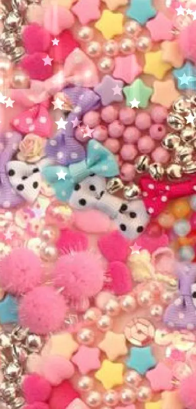 Kawaii pastel wallpaper with bows, stars, and beads in shades of pink and pastel colors.