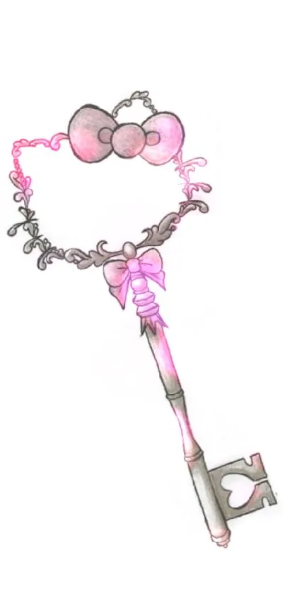 Illustration of a vintage key with pink bow on white background.