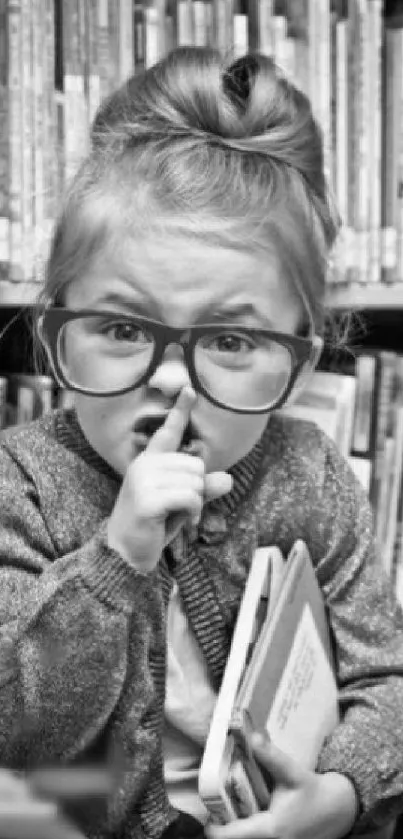 Black and white photo of a cute child in glasses at a library.