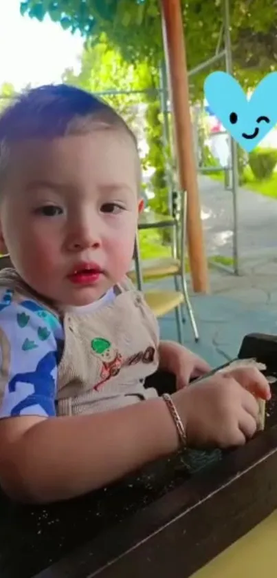 Adorable child enjoying a sunny day outdoors with playful smiley heart.