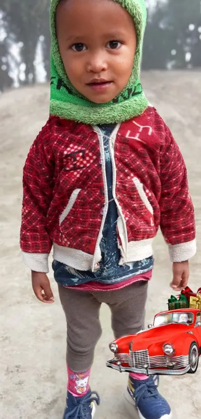 Cute child in red jacket with green scarf and vintage car toy.