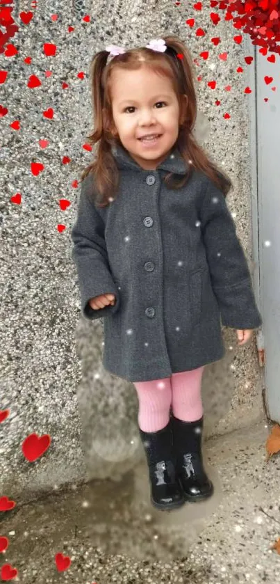 Cute child in grey coat with heart background.