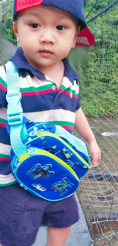 Child standing on a bridge with a colorful outfit and blue pouch.