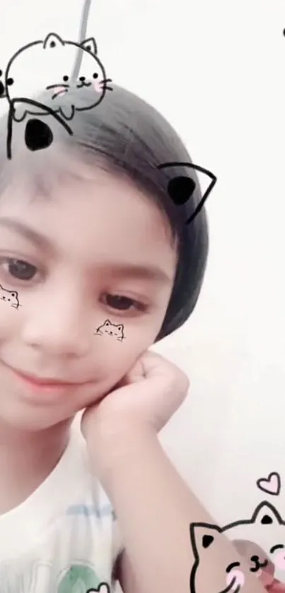 Smiling child with cat ears and whiskers filter, set against a white background.