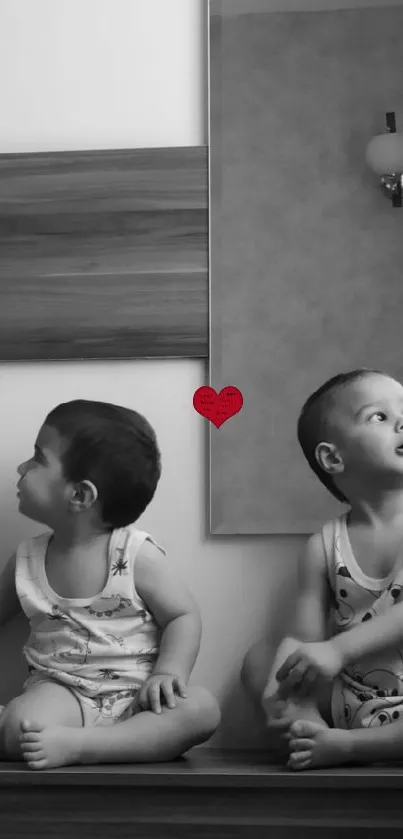 Black and white kids with red heart wallpaper.