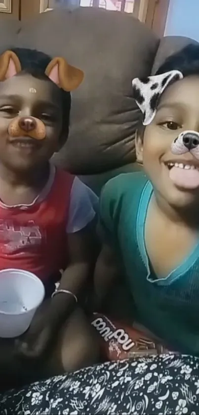 Two kids with dog filters, smiling joyfully and playfully.