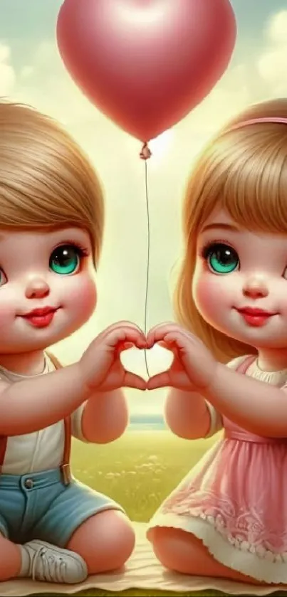 Cute cartoon children with heart-shaped balloon