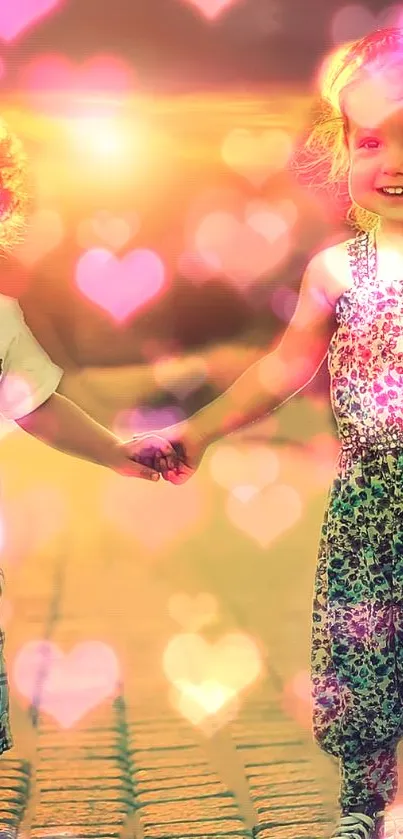 Two smiling children holding hands under a golden light with heart shapes.