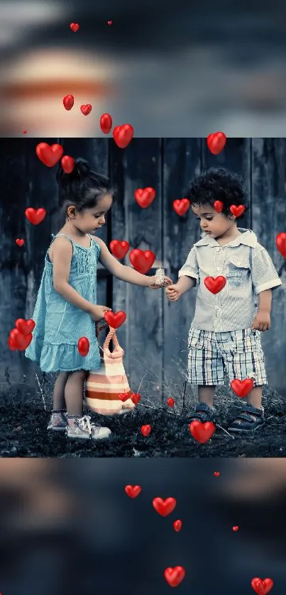 Two cute kids with red hearts in the background.