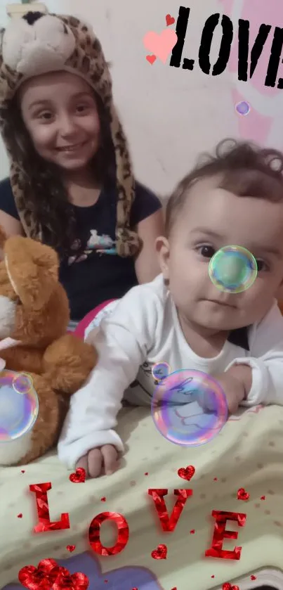 Smiling kids with stuffed toys and bubbles.