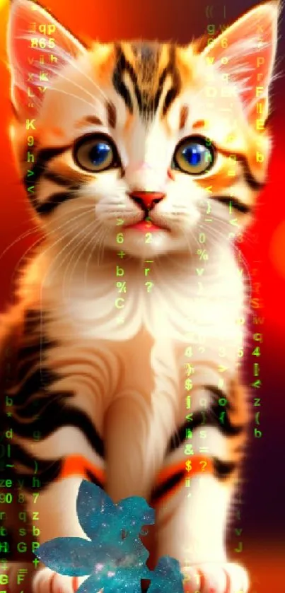 Cute kitten with fairy on vibrant orange background.