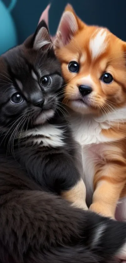 Adorable black kitten and orange puppy cuddling in a sweet and playful wallpaper scene.