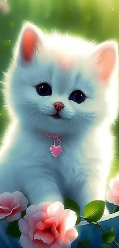 White kitten with flowers in a garden setting, featuring a heart pendant.