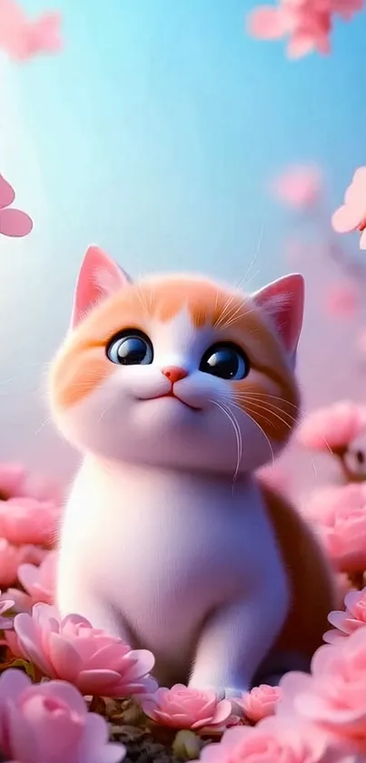 Adorable cartoon kitten with pink cherry blossoms and butterflies.