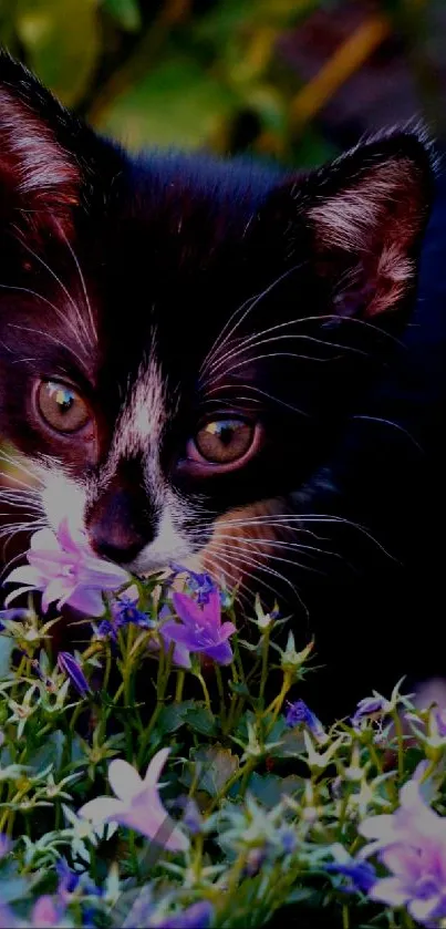 Adorable black and white kitten sniffing purple flowers in a garden.