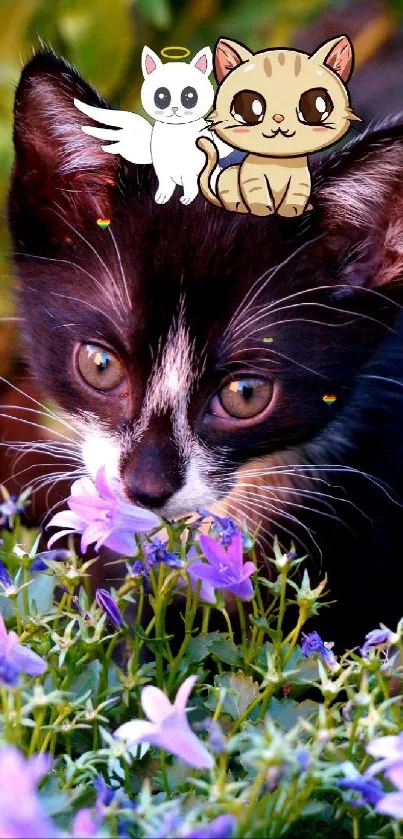 Adorable kitten with cartoon cats among purple flowers.