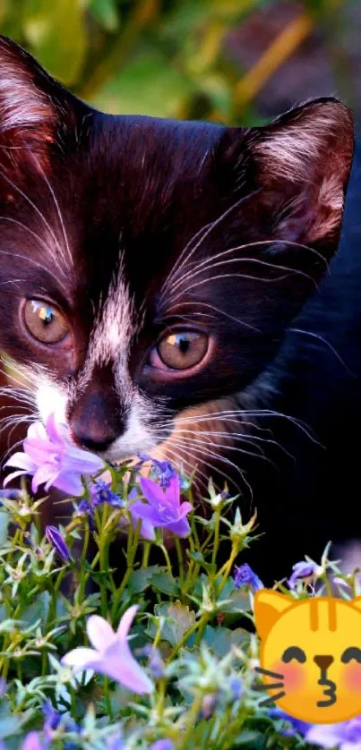 Cute black kitten sniffing purple flowers with a cat emoji.