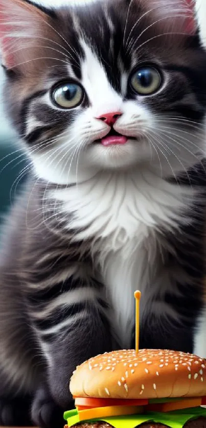 Kitten with a cheeseburger on a wooden table, bright-eyed and playful.