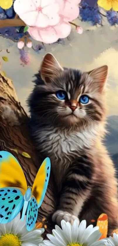 Fluffy kitten with blue butterfly in a floral setting.