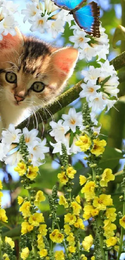 Cute kitten peeking from a tree with butterfly and flowers.