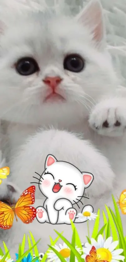 Cute white kitten with cartoon and butterflies.