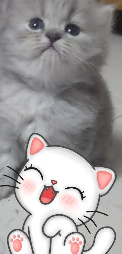 A cute kitten with a cartoon cat illustration on a mobile wallpaper.