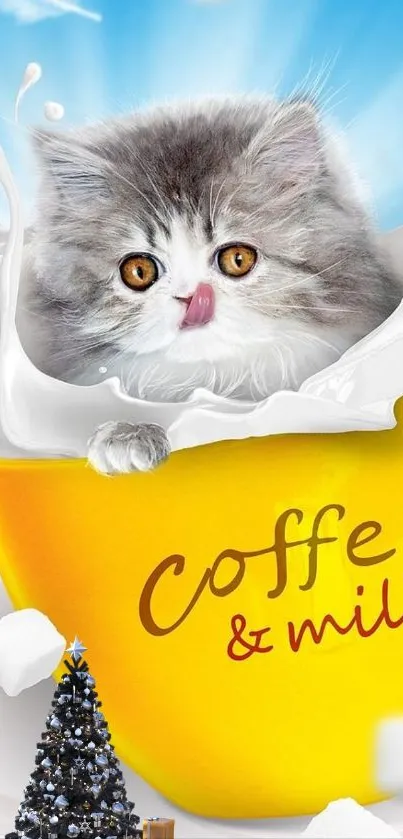 Cute kitten popping out of a coffee cup with milk splash.