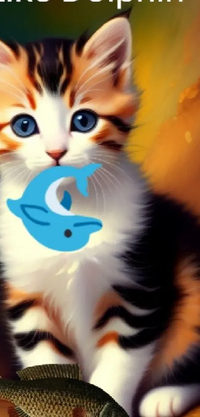 Artistic wallpaper with kitten, dolphin, and fish.