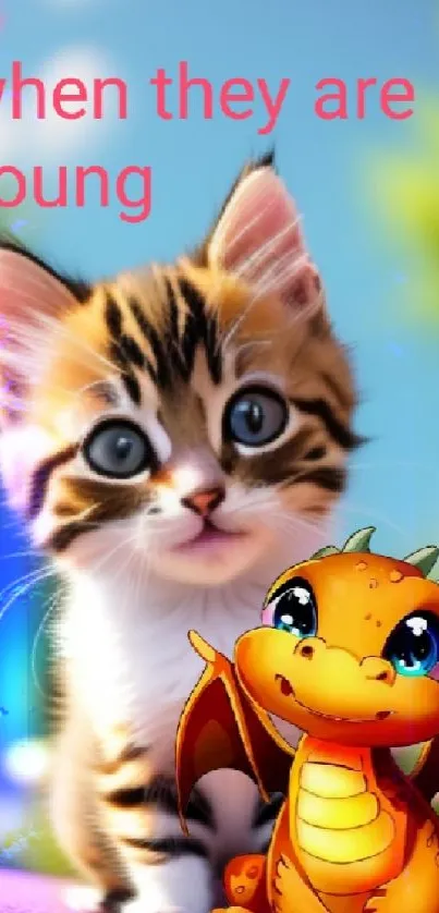 Cute kitten and baby dragon mobile wallpaper.