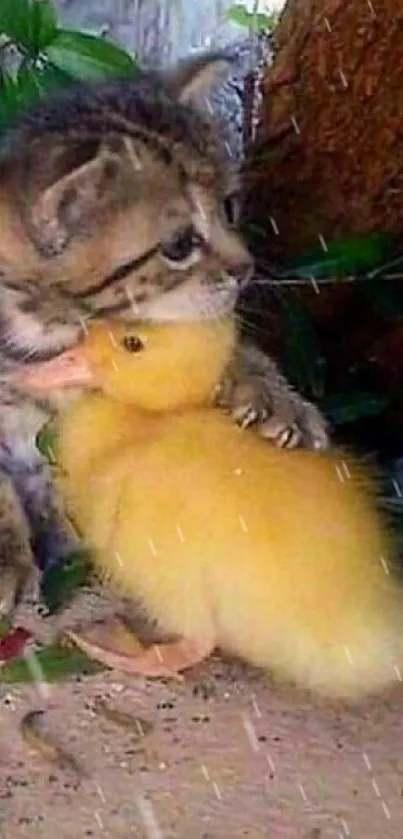 Adorable kitten hugging a fluffy yellow duckling on nature backdrop.