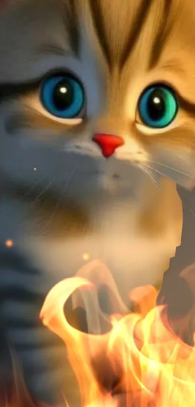 Cute kitten with flames background on mobile wallpaper.