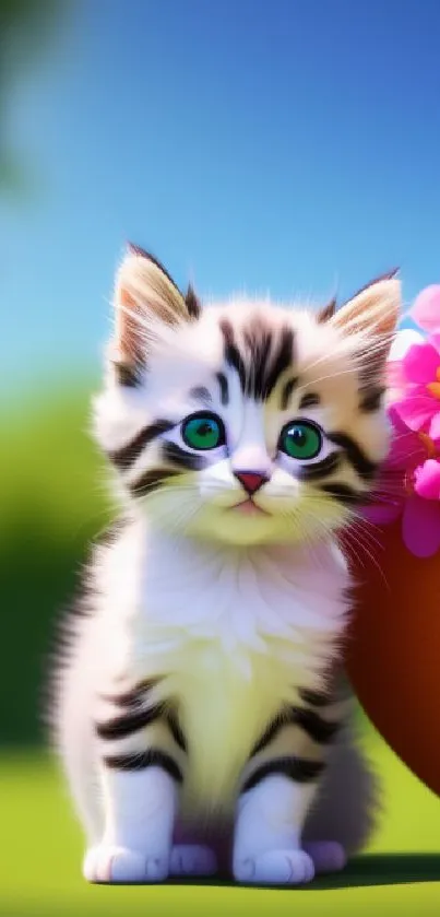 Adorable kitten with green eyes next to pink flowers on a vibrant background.