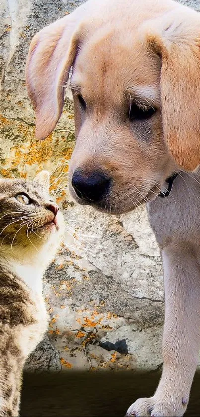 Adorable kitten and puppy in a playful outdoor setting.