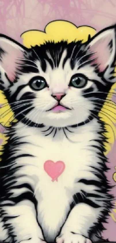 Cute black and white kitten with a heart on a pastel pink urban background.