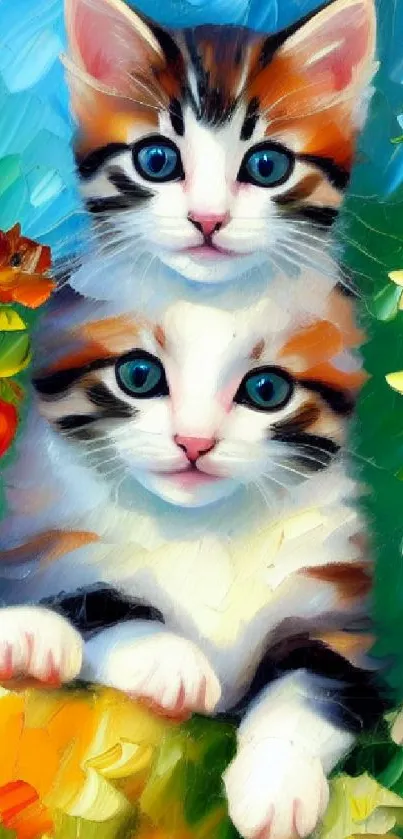 Two adorable kittens in colorful floral art on a mobile wallpaper.