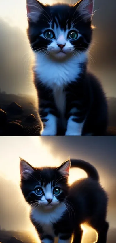 Adorable kitten standing on a beach at sunset with dark clouds.