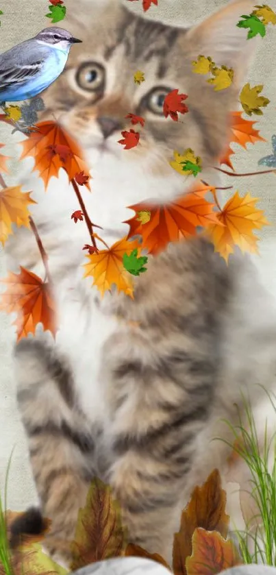 Adorable kitten with autumn leaves and a bird, perfect wallpaper.