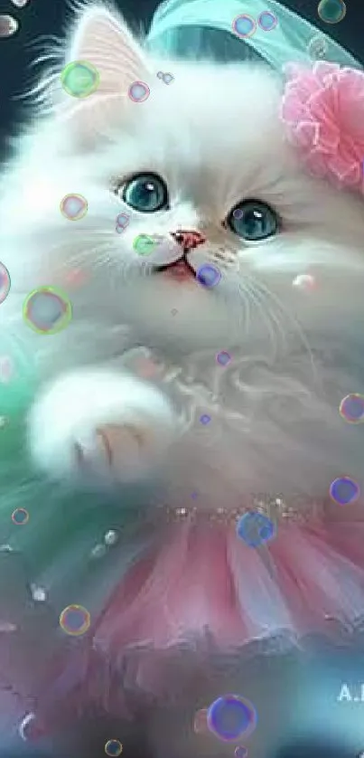 Cute kitten in pink and mint tutu outfit for smartphone wallpaper.