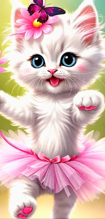 A cute kitten in a pink tutu holding a flower on a colorful background.