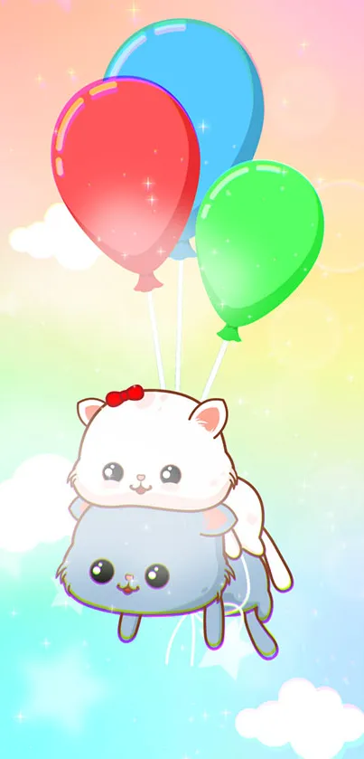 Cute cartoon kittens float with balloons on a pastel rainbow background.