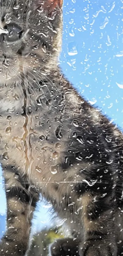 Adorable kitten behind rain-covered glass with a blue sky background.