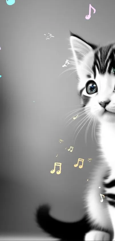 Black and white art of a cute kitten with big eyes, perfect for mobile wallpaper.