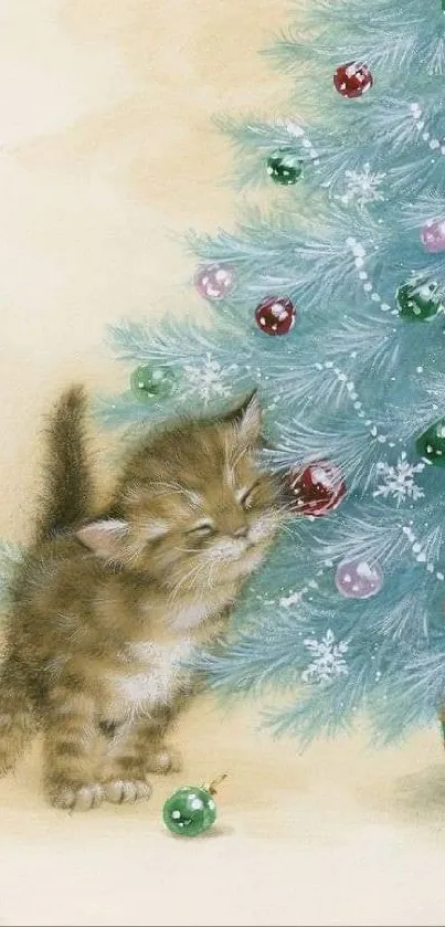 Cute kitten sniffing ornaments on Christmas tree.